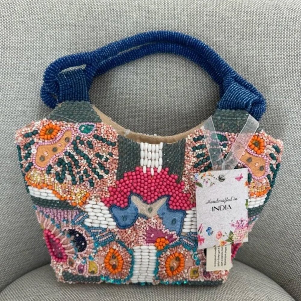 Handcrafted in India Beaded Bag Vibrant Colorful Flower Design Handbag NWT - Picture 2 of 5